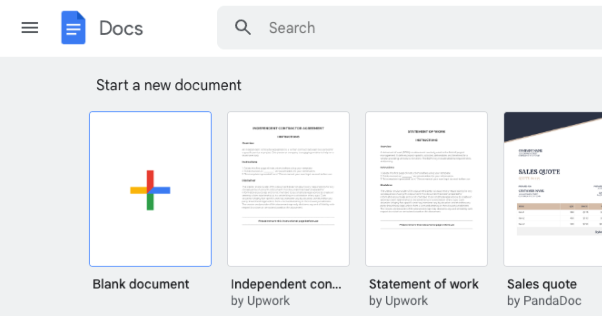 Google Docs template creation screen.